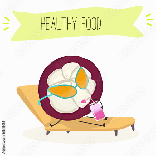 Vector cartoon character mangosteen, funny vegetables, fruits. Fresh harvest, exotic, organic, vegetarian products, children's birthday, price tag, sticker.