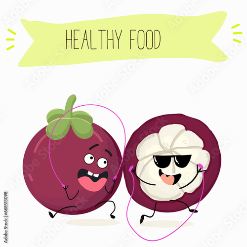Vector cartoon character mangosteen, funny vegetables, fruits. Fresh harvest, exotic, organic, vegetarian products, children's birthday, price tag, sticker.
