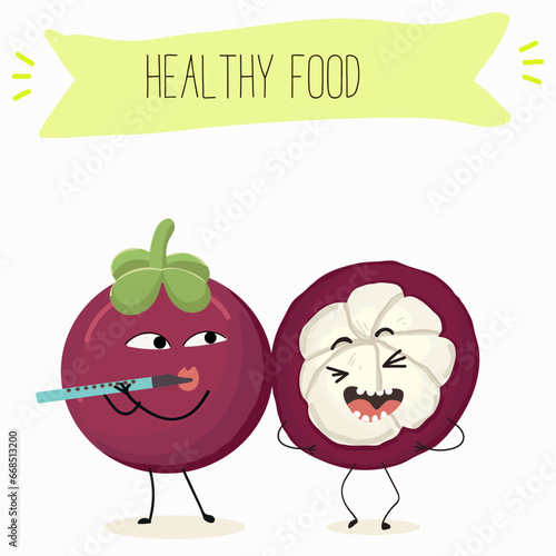 Vector cartoon character mangosteen, funny vegetables, fruits. Fresh harvest, exotic, organic, vegetarian products, children's birthday, price tag, sticker.