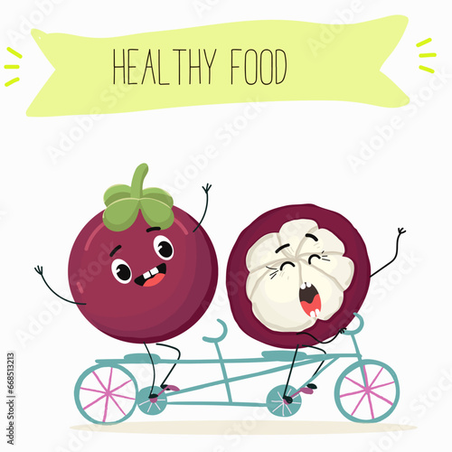 Vector cartoon character mangosteen, funny vegetables, fruits. Fresh harvest, exotic, organic, vegetarian products, children's birthday, price tag, sticker.