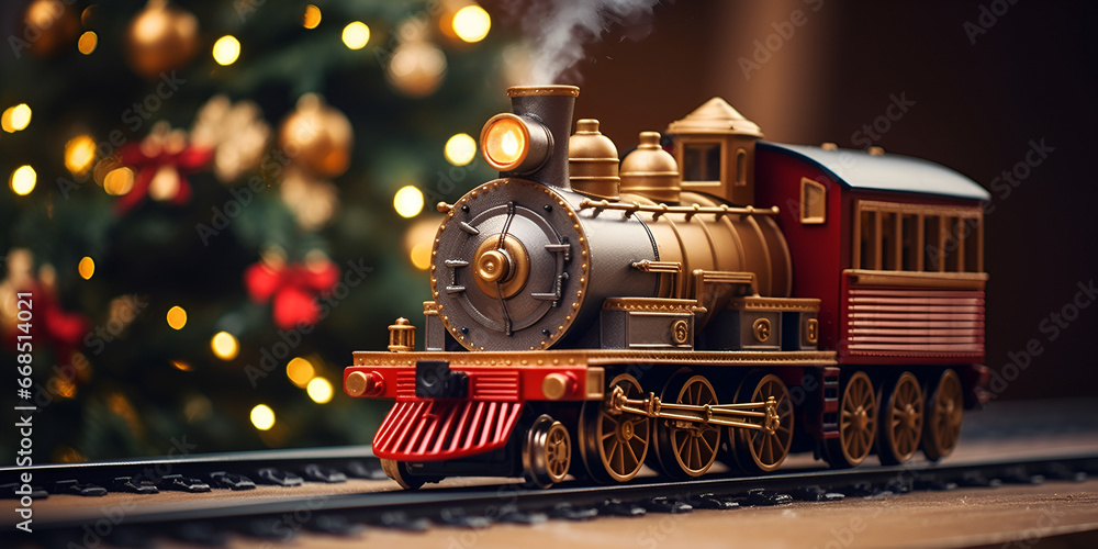 A toy train set running under and around the Christmas tree,Toy Train Set, Christmas Tree, Festive Decorations, Holiday Traditions, Model Train, Miniature Railroad, Christmas Festivities,