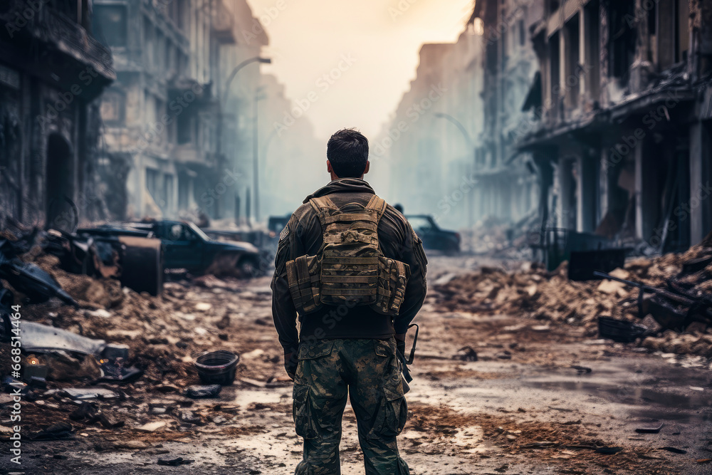 Back view of a fully equipped soldier standing on a street of war destroyed city Back view of a fully equipped soldier standing on a street of war destroyed city