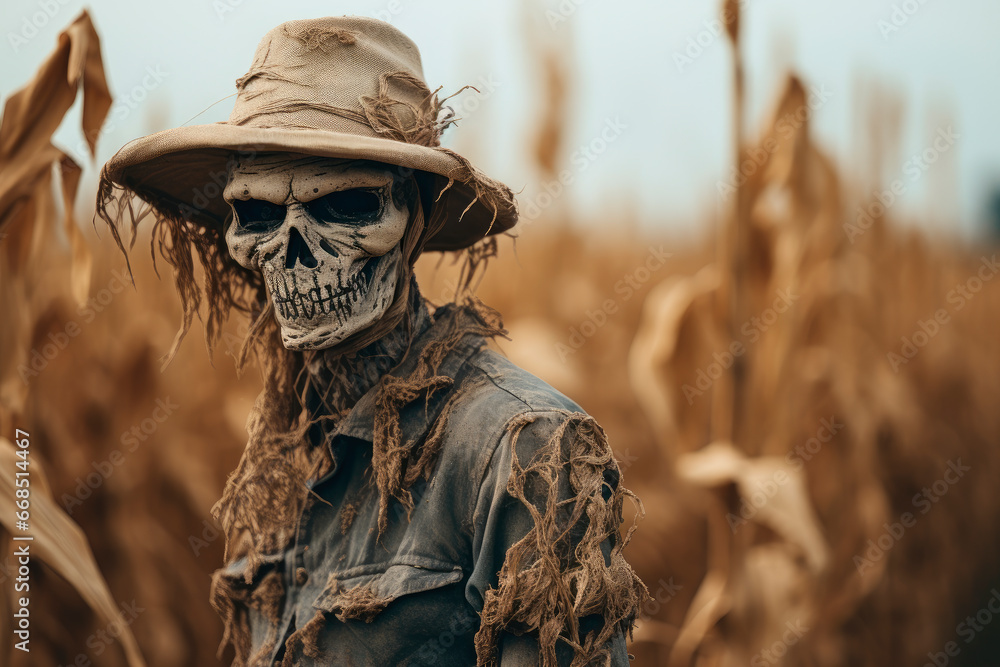 Portrait of a scarecrow on a dry corn field Portrait of a scarecrow on a dry corn field