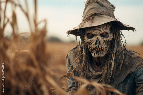 Scary scarecrow in a hat and jacket on a autumn cornfield photo