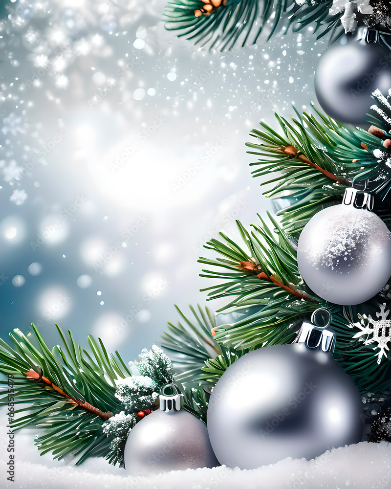 Fondo navideño con bolas de nieve blancas brillantes y ramas de abeto Fondo navideño con bolas de nieve blancas brillantes y ramas de abeto