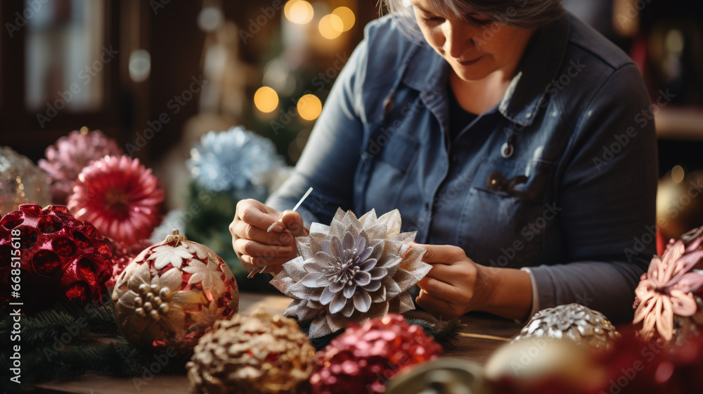 Cropped image of a woman making christmas decoration at home. Cropped image of a woman making christmas decoration at home.