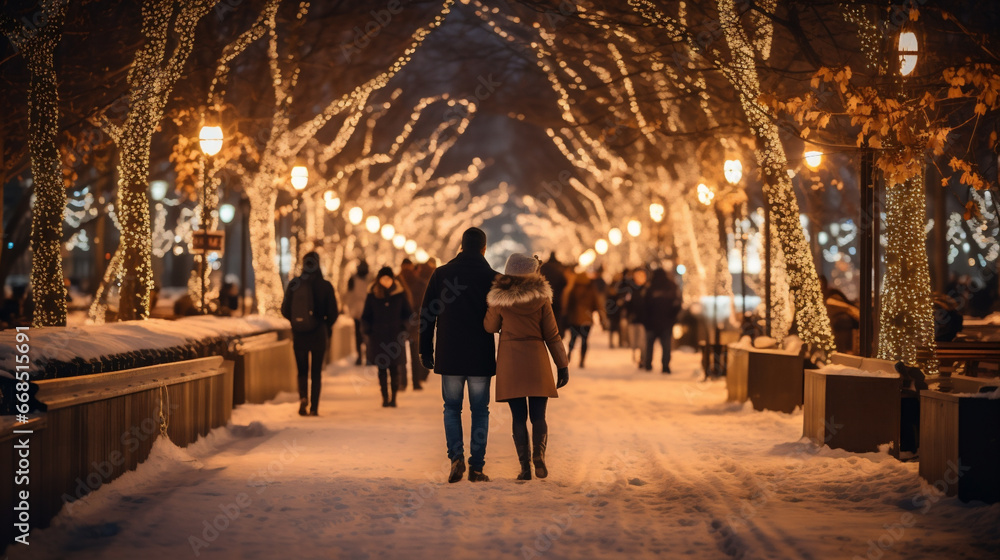 Christmas and New Year holidays background. Couple in love walking in the city at night in winter.