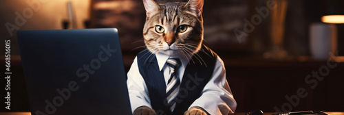 Funny tabby cat in black tie sits at table in office