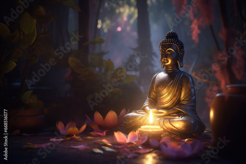 Buddha Figurine, Candle Flame and Lotus Flowers on a table. Buddha Purnima, Vesak day background