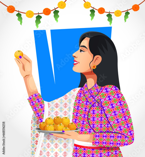 Young beautiful Nepalese woman celebrating Diwali with full of happiness and holding Laddu thali in hand. Nepal festival concept