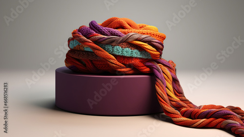 Rope with a knot in orange-purple tones and colors. 