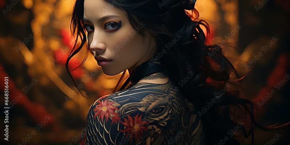 Tattooed back, thighs, arms - a look over the shoulder,,  the art of tattooing generated with AI technology - obrazy, fototapety, plakaty 