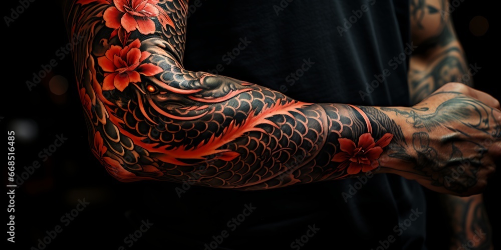 Tattooed back, thighs, arms - a look over the shoulder,,  the art of tattooing generated with AI technology - obrazy, fototapety, plakaty 