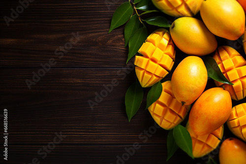 Generative AI Image of Fresh Mangoes Fruit with Blank Space on Wooden Background