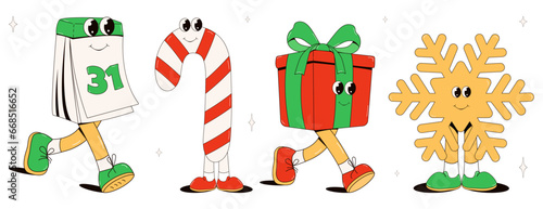 Hippie Groovy  Christmas.Groovy Christmas Retro set.Funny Retro Christmas cartoon characters in groovy style.Christmas gift,snowflake, calendar, Christmas candy in trendy retro cartoon style.