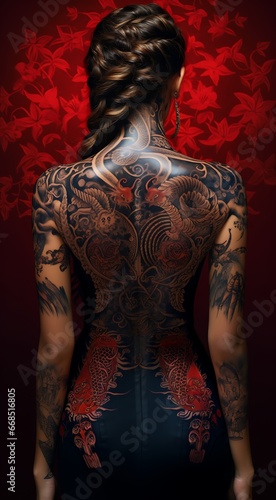 Tattooed back, thighs, arms - a look over the shoulder,, the art of tattooing generated with AI technology