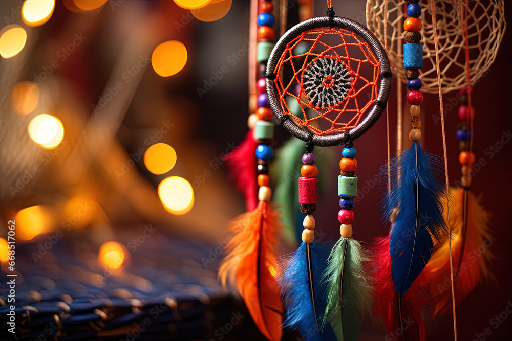 Indian dream catcher with lucky charm hanging among festive decorations, combining vibrant colors
