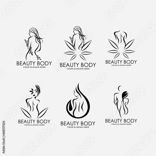 Woman body outline icons set. Various female line silhouettes, model, figure. Abstract image of girl sign for wellness center, sport, dance, beauty salon and spa. Vector isolated illustration