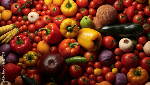 Fresh  healthy vegetables in a vibrant  multi colored arrangement on a background generated by AI