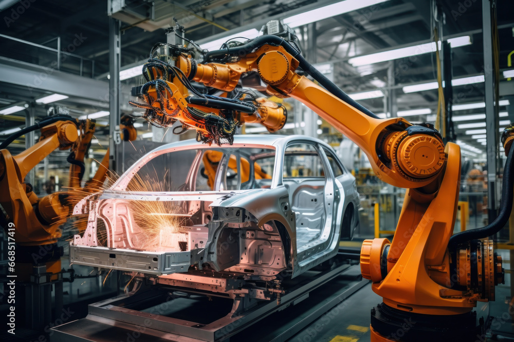 Automobile production line. Welding car body. Modern car assembly plant. Auto industry. Interior of a high-tech factory, modern production.