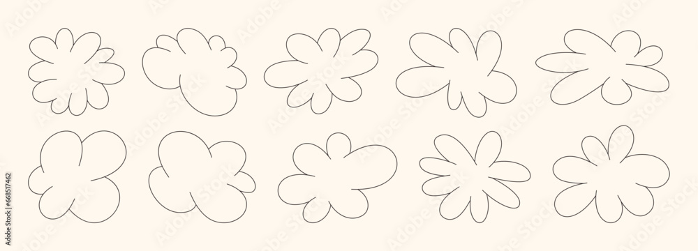 Abstract Retro Line Shapes and Funky Groovy Forms. Vector Geometric Elements: Clouds and Flowers in Cartoon 90s Style Abstract Retro Line Shapes and Funky Groovy Forms. Vector Geometric Elements: Clouds and Flowers in Cartoon 90s Style