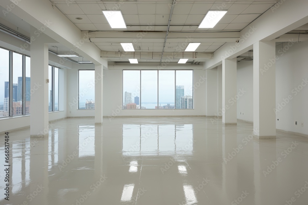 Fototapeta premium An abstract background image showcasing an aged and empty office space available for rent, providing a versatile setting for various creative projects. Photorealistic illustration