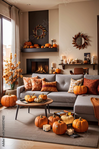 Modern living room with sofa, fireplace, table and pumpkins.