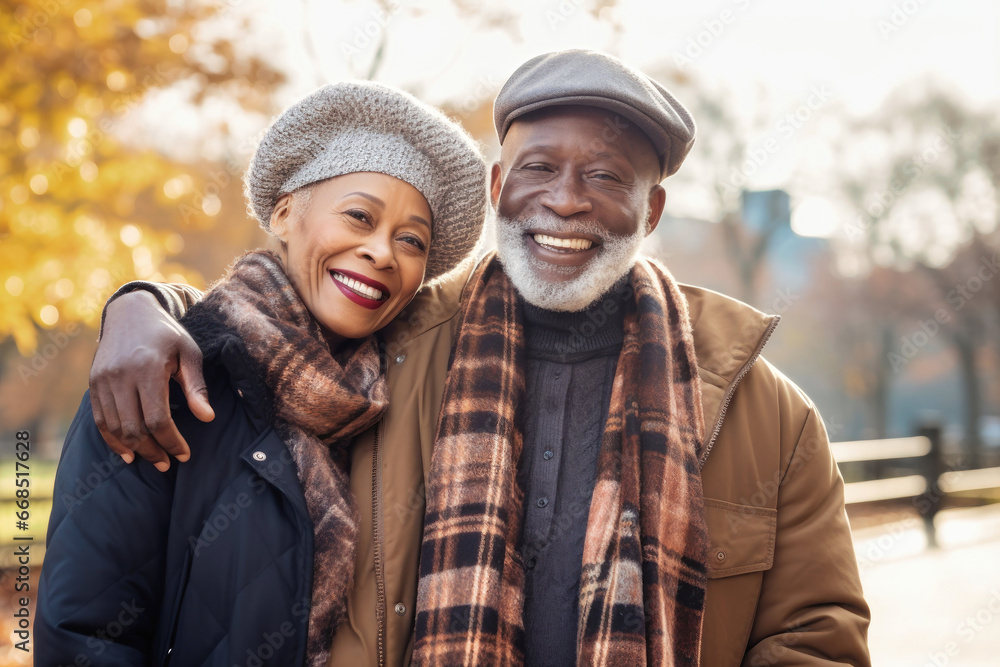 An elderly dark-skinned couple, a man and a woman, hugging in an autumn park. They look at each other with a loving gaze. Seniors dating. Relationships in old age. Love and romance. An elderly dark-skinned couple, a man and a woman, hugging in an autumn park. They look at each other with a loving gaze. Seniors dating. Relationships in old age. Love and romance.