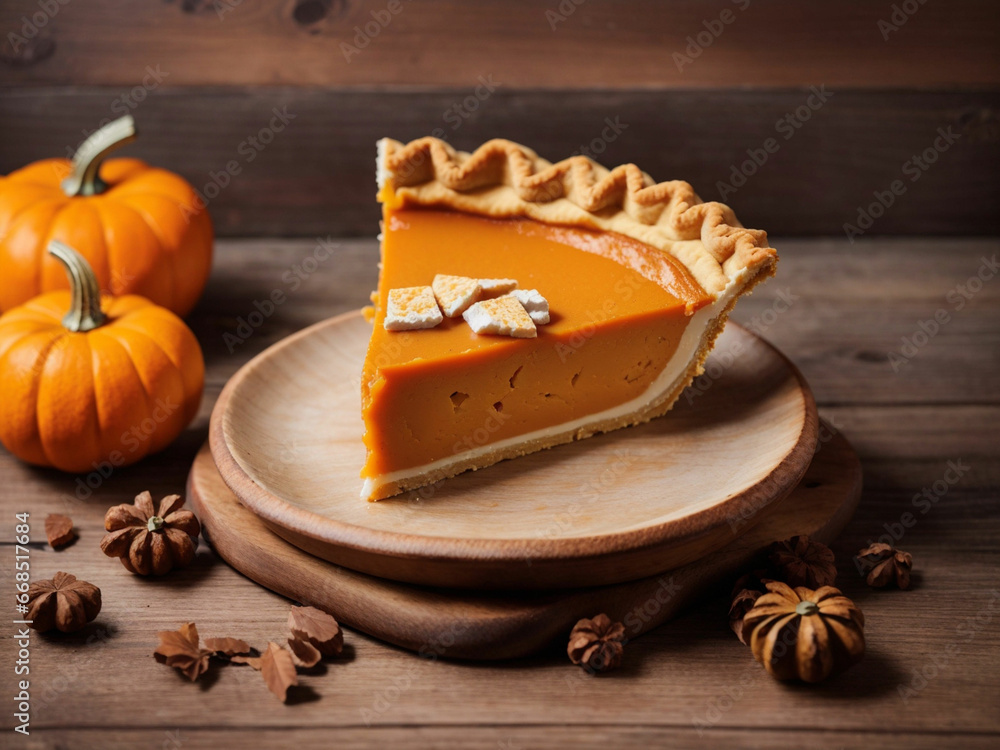 A piece of traditional American pumpkin pie on wooden background. A piece of traditional American pumpkin pie on wooden background.
