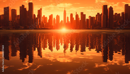 Sunset over the cityscape, skyscrapers reflecting in the urban skyline generated by AI
