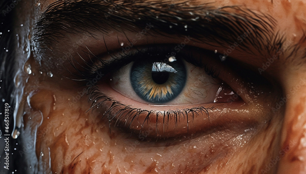 Young adult woman looking at camera with wet blue eye generated by AI Young adult woman looking at camera with wet blue eye generated by AI
