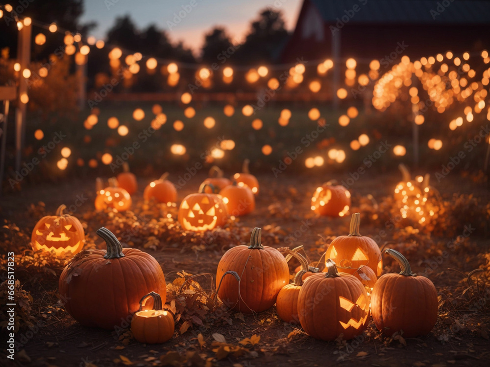 Fototapeta premium Pumpkin patch farm with lights in the dark.