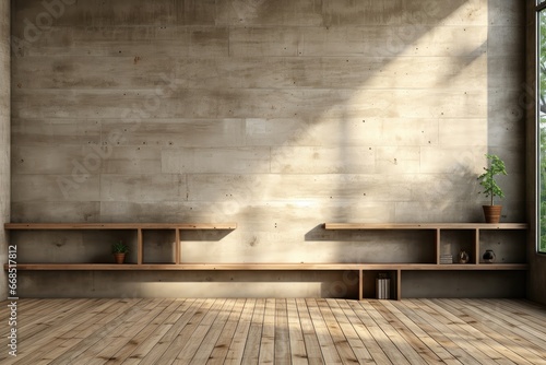 An abstract background image highlights a small room with concrete walls, adorned with wood shelves and a green plant, creating a harmonious backdrop. Photorealistic illustration