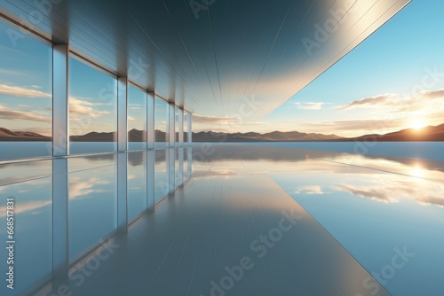 An abstract background image with a surreal touch portrays a floor that seamlessly merges with a tranquil lake, creating an imaginative setting for creative content. Photorealistic illustration © DIMENSIONS