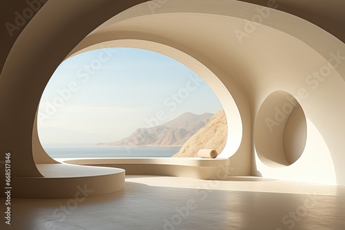 An abstract background image with artistic flair features a dome-shaped concrete roof with the sun streaming in, creating an inspiring setting for creative content. Photorealistic illustration photo