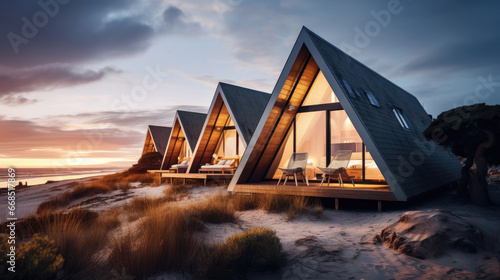 a-frame house in nature, glamping, hotel, recreation center, modern architecture, stylish building, guest house, villa, triangular, pyramidal, glass, garden, wood photo