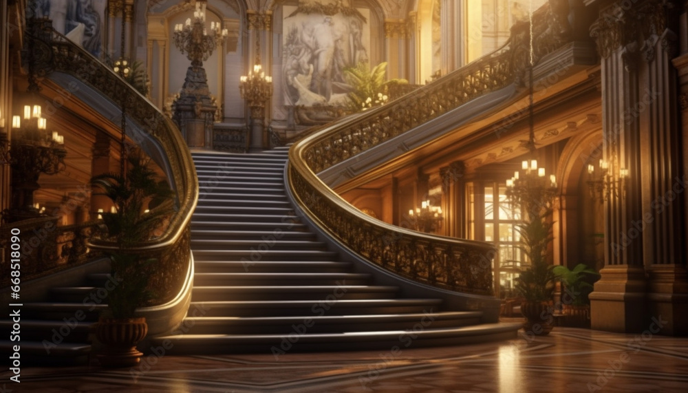 Staircase of elegance, spirituality, and history, illuminated by night light generated by AI