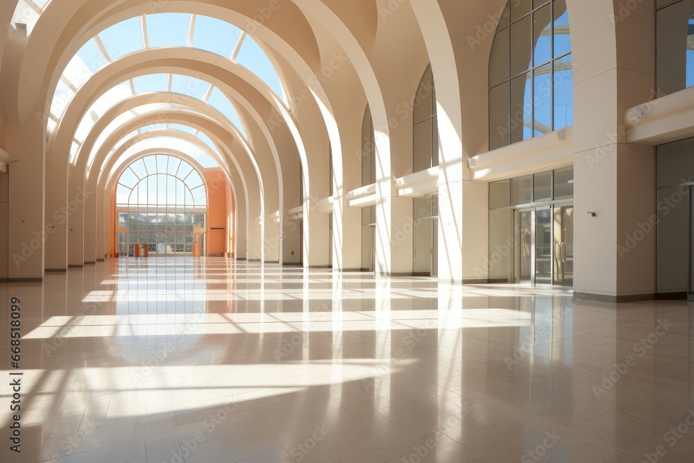 In a hall with an arched roof, bathed in sunlight, an abstract background image sets the stage for creative content, exuding a sense of grandeur and inspiration. Photorealistic illustration