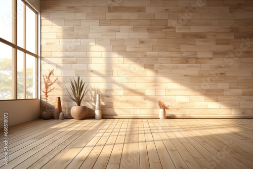 Fototapeta Naklejka Na Ścianę i Meble -  An inviting setting for creative content is created by a wood wall and floor, bathed in sunlight, with an abstract background image enhancing the ambiance. Photorealistic illustration