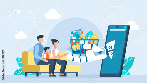 A family at home buys groceries through a mobile. Robot arm with supermarket basket. Making payments online, chatbot assistant, online support. Buyer product using web bot app. Vector illustration.