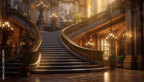 Staircase of elegance, spirituality, and history, illuminated by night light generated by AI