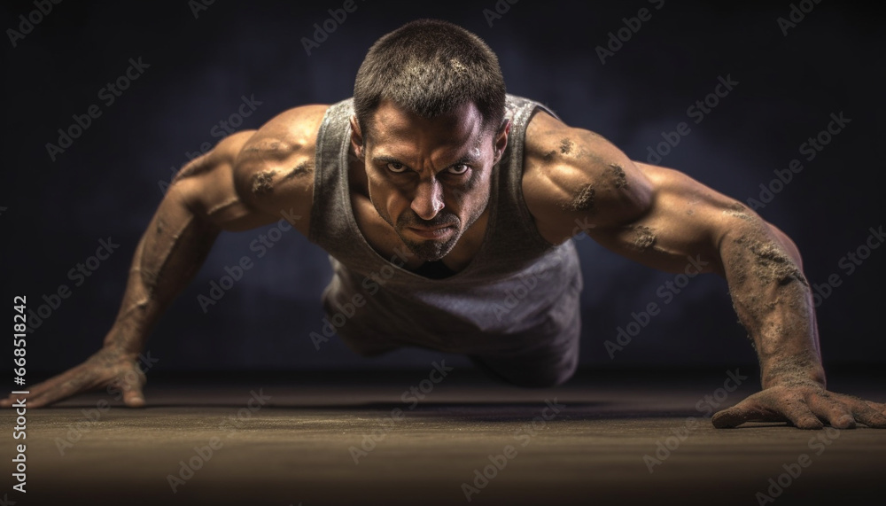 Muscular men exercising, displaying strength and determination in sports training generated by AI Muscular men exercising, displaying strength and determination in sports training generated by AI