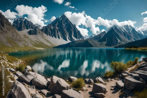 Beautiful panoramic view at Kucherla mountain lake and mountain range. Belukha national park  Altai republic  Siberia  Russia