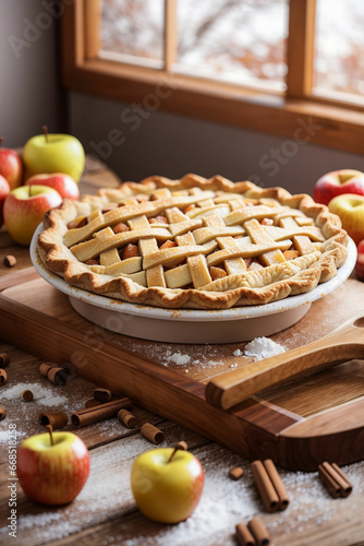 Sweet apple pie with sugar with apples in the blur background. Thanks Giving