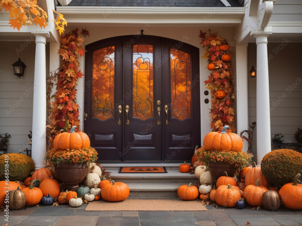 Obraz premium Thanks giving decorated house door with pumpkins and flowers.