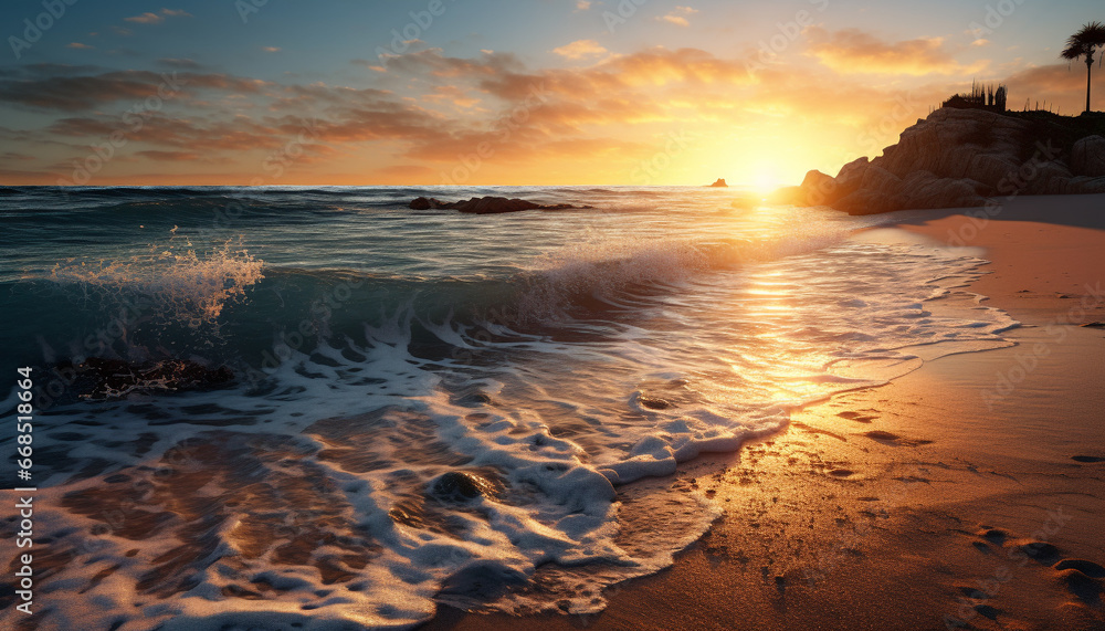 Sunset over the tranquil coastline, a picturesque summer landscape outdoors generated by AI