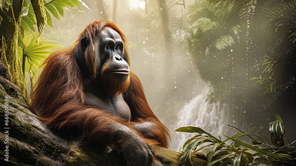 Obraz premium Orangutans perched in the treetops of the tropical rain forest, the exuberance of their habitat