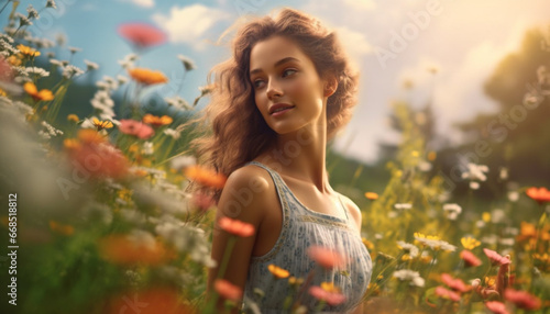 Young woman enjoying the outdoors, smiling in a meadow of flowers generated by AI
