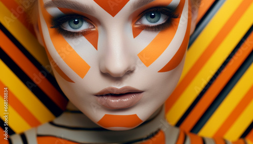 Beautiful adult woman with striped fashion, looking at camera sensually generated by AI
