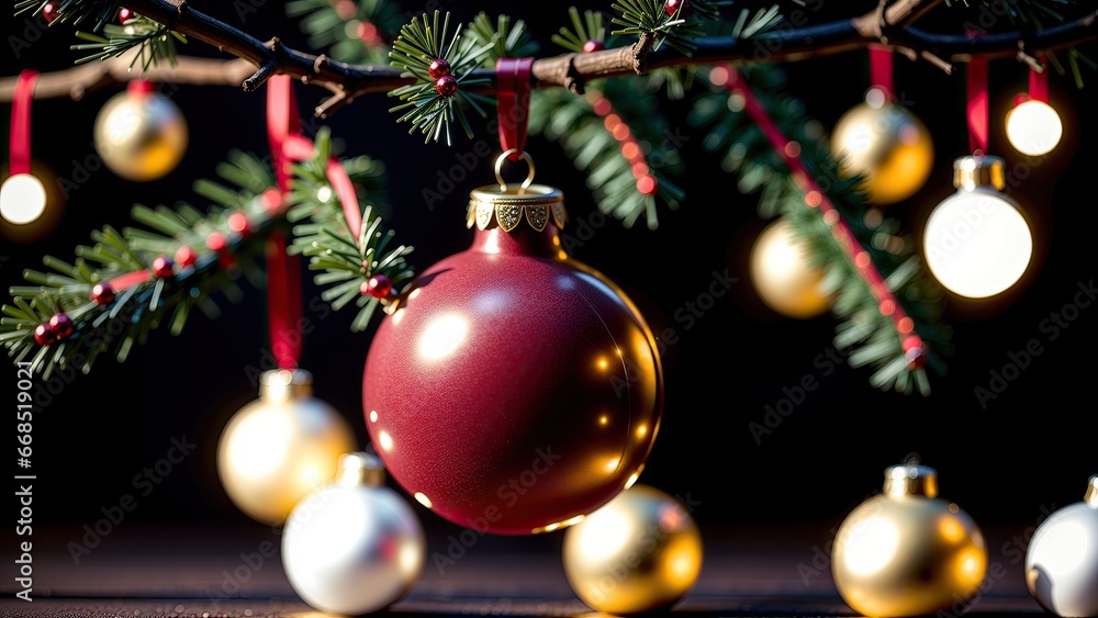 Christmas tree with ornaments, close-up. Holidays concept. Merry Christmas Christmas tree with ornaments, close-up. Holidays concept. Merry Christmas
